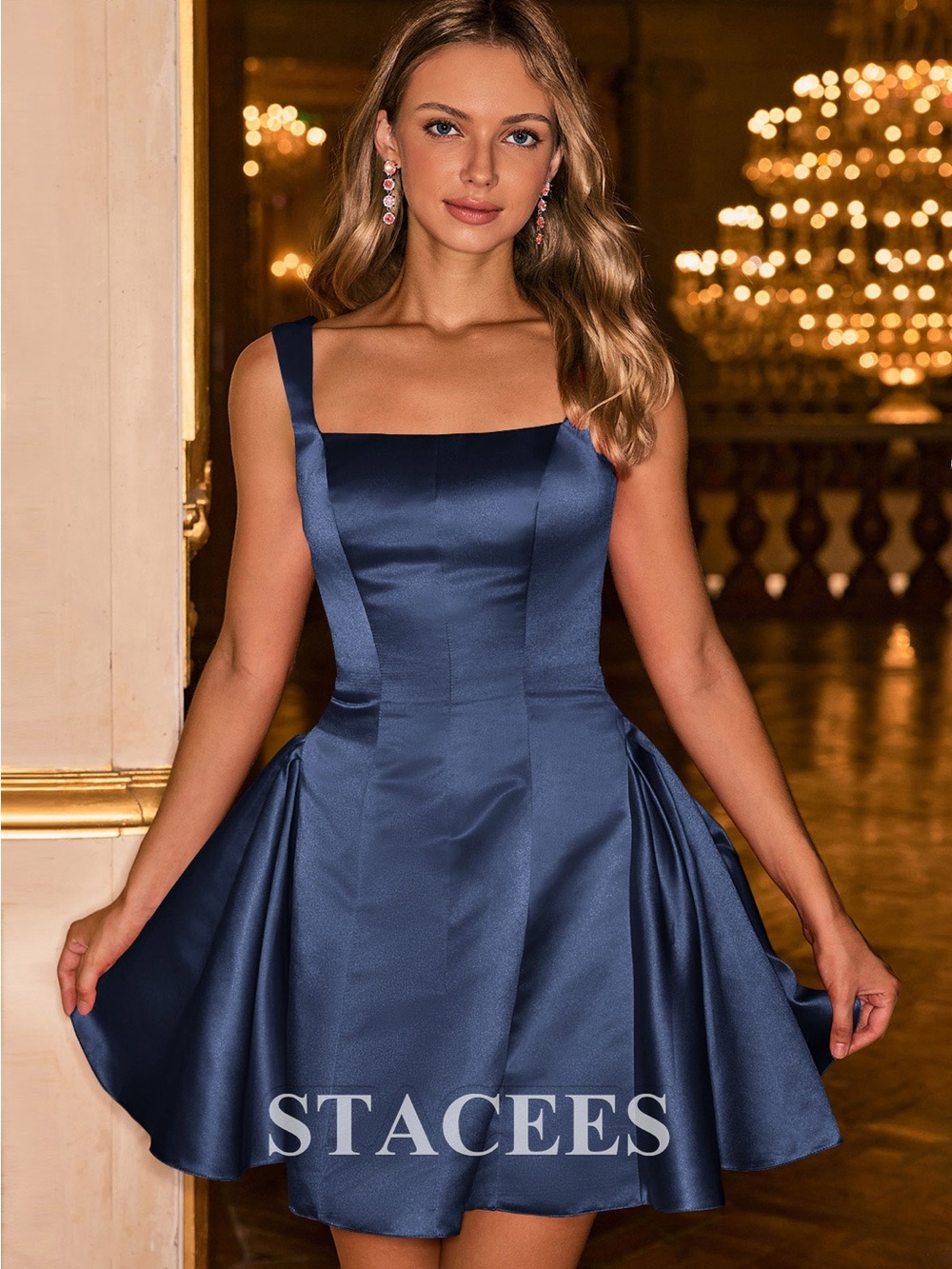 Navy Satin Fit-and-Flare Cocktail Dress
